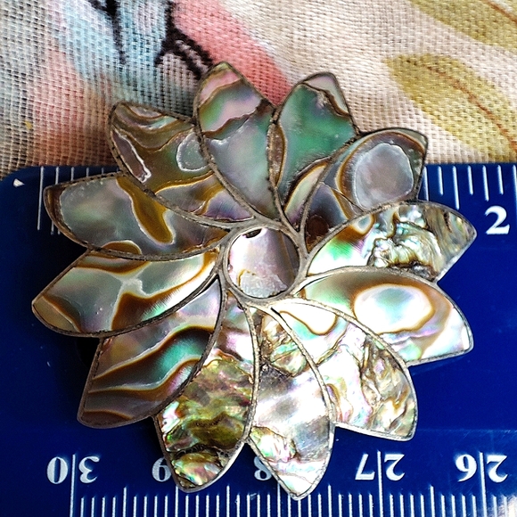 Abalone Alpaca Sterling Silver Mexico Signed Jose N 5 N5 Vintage Brooch - Picture 9 of 9